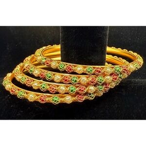 Set of 4 Gold Tone Indian Style Bangles Red Green White Beaded Mesh Bracelets